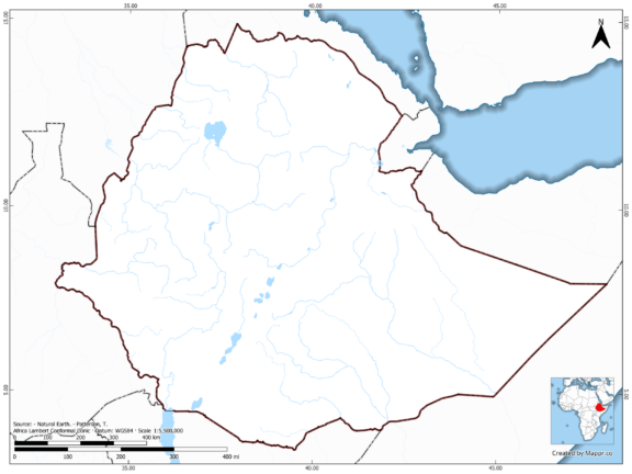 Blank map of Ethiopia showing borders and no labels, in color.