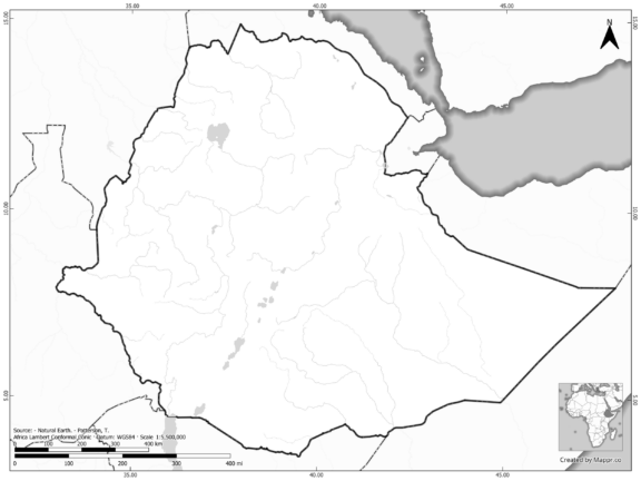 Blank black and white map of Ethiopia with borders and no labels.
