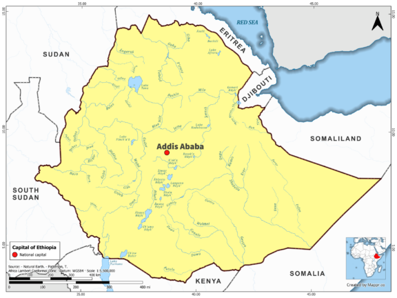 Map highlighting Addis Ababa, the capital of Ethiopia, with country borders, in color.