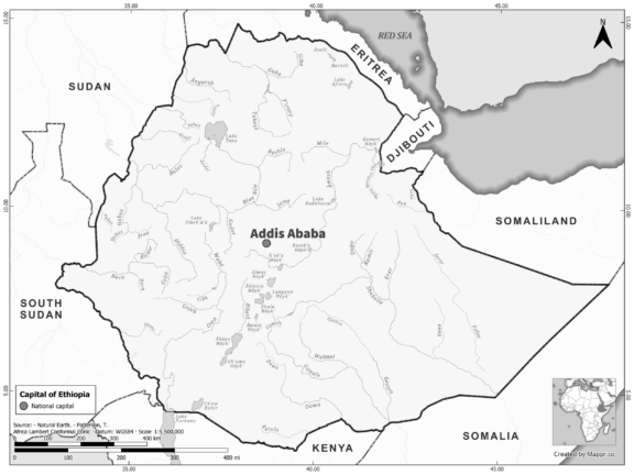 Black and white map highlighting Addis Ababa, the capital of Ethiopia.