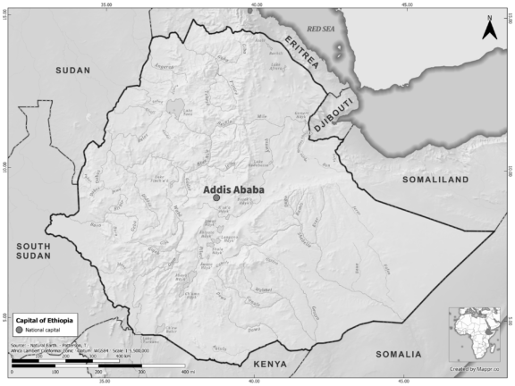 Black and white map of Ethiopia highlighting Addis Ababa as the capital, with neighboring countries.