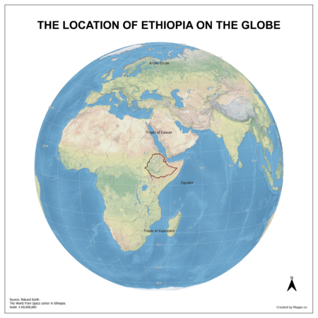 Map showing Ethiopia's location on a globe, highlighted in red on the African continent.