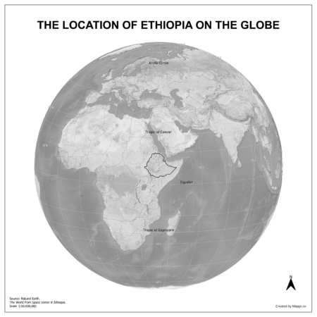 Map showing Ethiopia's location on a globe, highlighted in red on the African continent.