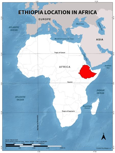 Ethiopia location on world map, color version.
