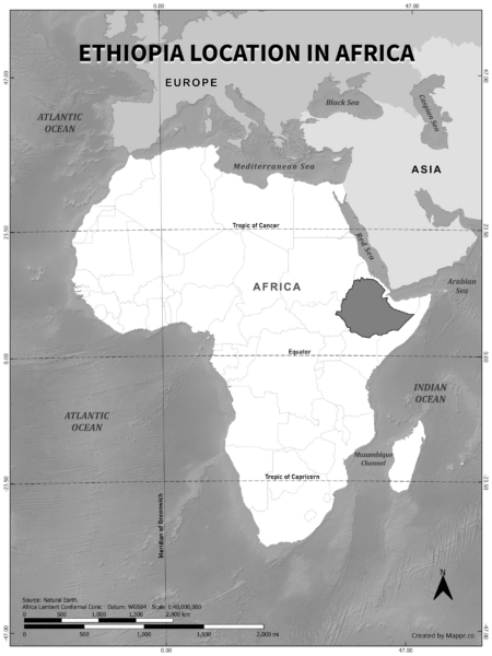 Ethiopia location on world map, black and white version.