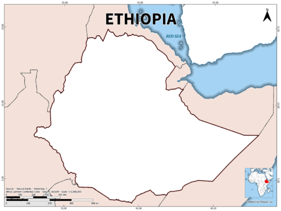 Outline map of Ethiopia with country borders in color.