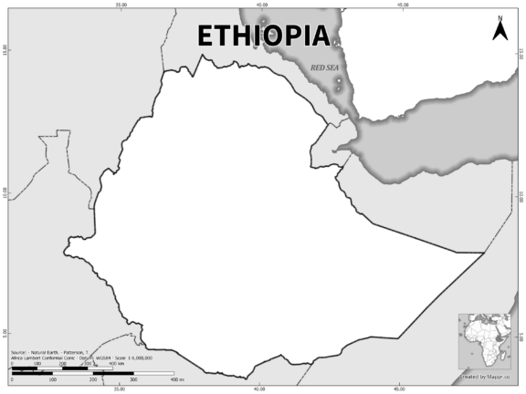 Black and white outline map of Ethiopia, showing the country's borders.