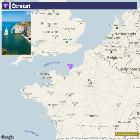 A map showing a part of Western Europe focused on the English Channel with a marker indicating the location of Étretat on the north coast of France. The map includes parts of England, France, Belgium, Luxembourg, and the Netherlands. Cities like London, Paris, Brussels, and Amsterdam are visible with country boundaries outlined. The inset image at the top left corner shows the white cliffs and a natural arch at Étretat.