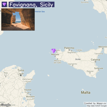 Map showing the location of Favignana, Sicily, with a purple map marker west of mainland Italy near Tunis, featuring a small picture insert of a stone archway with a view of the sea.