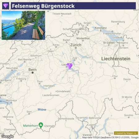 A map of central Switzerland highlighting two locations: Felsenweg Bürgenstock with an icon in the top left and the Matterhorn with an icon at the bottom left. The map also shows surrounding cities like Zurich, Lucerne, and Bern, and other geographical features like lakes and mountains. There's an inset image in the upper left corner of a scenic trail with a bench overlooking a body of water.