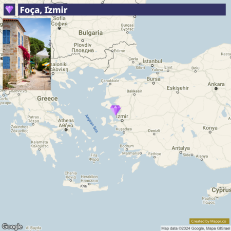 A map highlighting the location of Foça in Izmir, Turkey, with the Aegean Sea to the west and nearby cities and countries such as Greece and Bulgaria visible on the map.