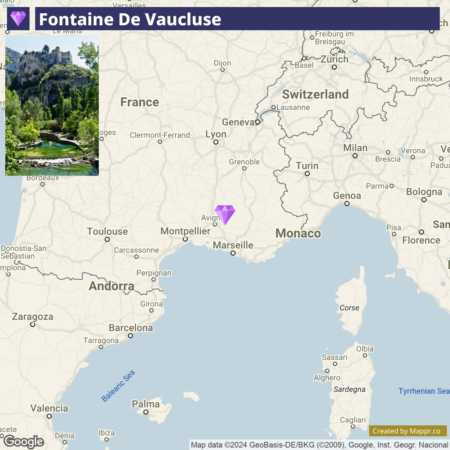 Alt text: A map showing the location of Fontaine de Vaucluse in France with a pinpoint near Avignon. An inset photo displays a scenic view of the area with greenery and water.