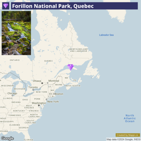 A map highlighting Forillon National Park in Quebec, with an inset photo of a lush green forest and a small waterfall.