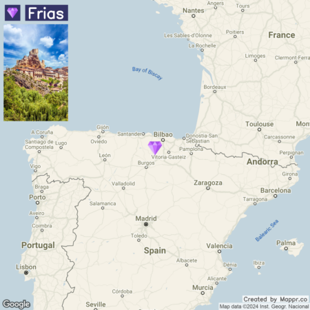 A map of northern Spain highlighting the town of Frías with an inset picture of the town showing a castle on a hilltop.