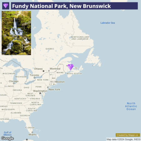 A map highlighting Fundy National Park in New Brunswick, Canada, surrounded by regional geography including parts of the United States and Canada with major cities marked. A small inset photo shows a waterfall within the park. The map has a label saying, "Fundy National Park, New Brunswick" and there's a logo in the upper-left corner indicating possible park or map brand identification.