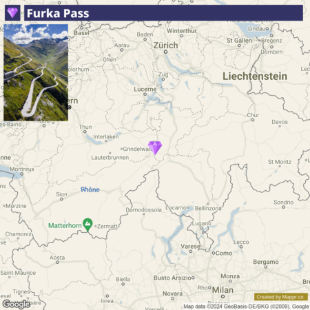 A map centered on Switzerland showing the location of Furka Pass with a mountain road winding through it. The map includes symbols indicating cities like Zurich, Lucerne, and Interlaken, as well as the natural landmark Matterhorn. Nearby countries such as Liechtenstein and Italy are also visible at the edges of the map.