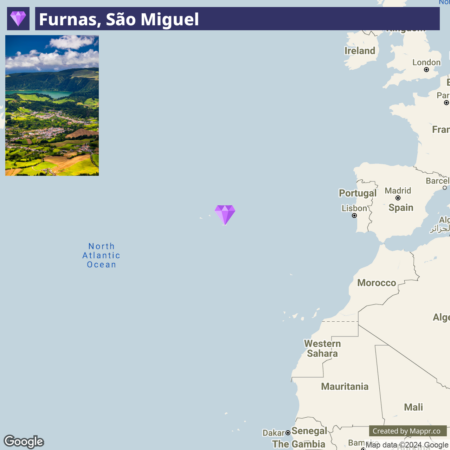 Map showing the location of Furnas, São Miguel, with an inset aerial photo of the area in the top left corner, positioned in the middle of the North Atlantic Ocean to the west of Portugal and northwest of Africa.