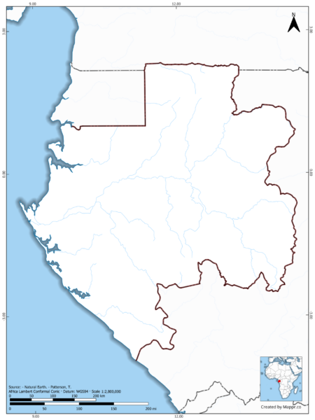 Blank map of Gabon showing borders and no labels, in color.