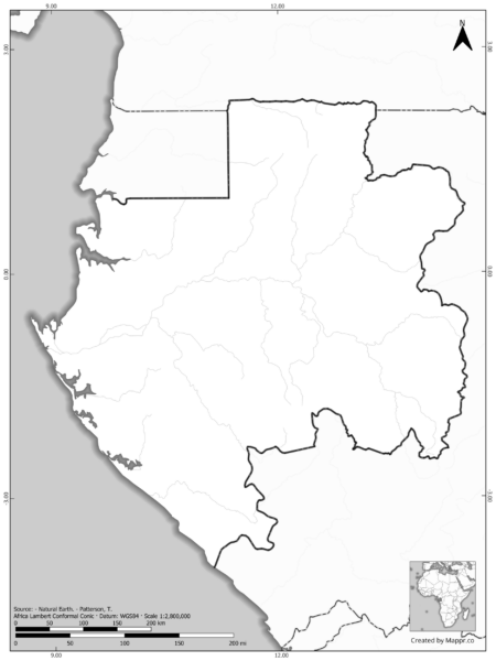 Blank black and white map of Gabon with borders and no labels.