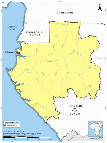 Map highlighting Libreville, the capital of Gabon, with country borders, in color.