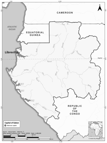 Black and white map highlighting Libreville, the capital of Gabon.