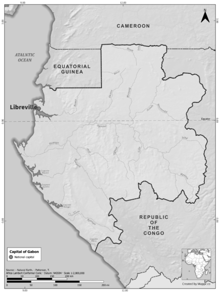 Black and white map of Gabon highlighting Libreville as the capital, with neighboring countries.