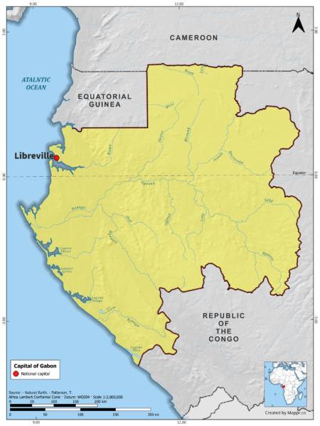Map highlighting Libreville, the capital of Gabon, with surrounding countries and geographical features, in color.