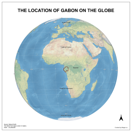 Map showing Gabon's location on a globe, highlighted in red on the African continent.