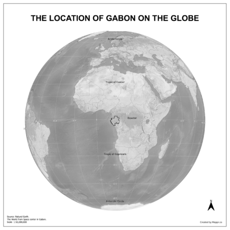 Map showing Gabon's location on a globe, highlighted in red on the African continent.