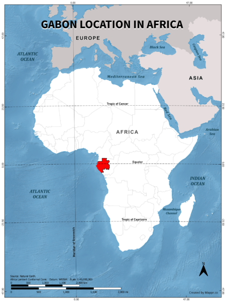 Gabon location on world map, color version.