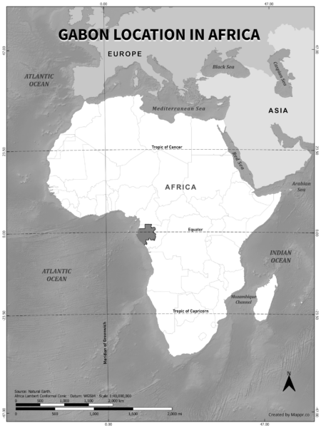 Gabon location on world map, black and white version.