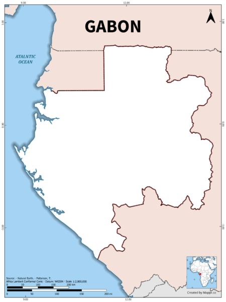 Outline map of Gabon with country borders in color.