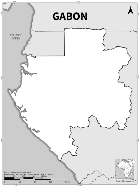 Black and white outline map of Gabon, showing the country's borders.