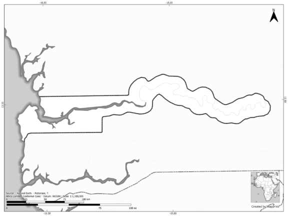 Blank black and white map of Gambia with borders and no labels.