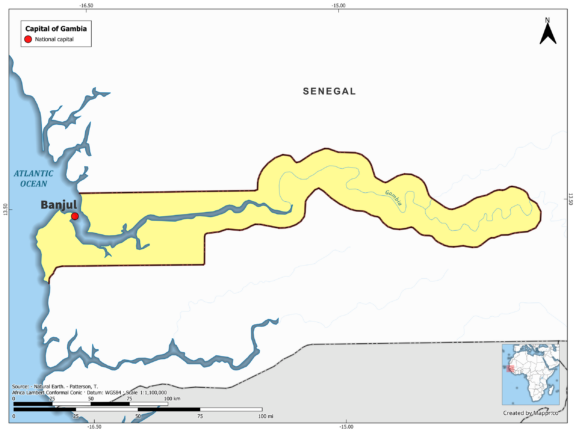 Map highlighting Banjul, the capital of Gambia, with country borders, in color.