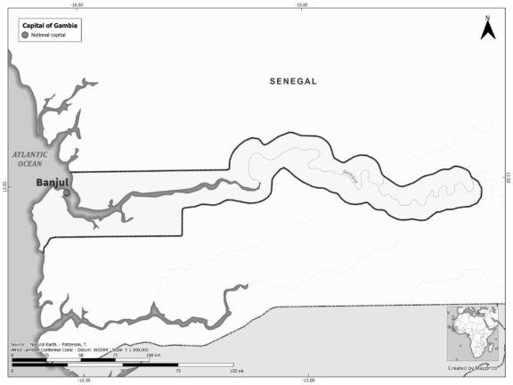 Black and white map highlighting Banjul, the capital of Gambia.