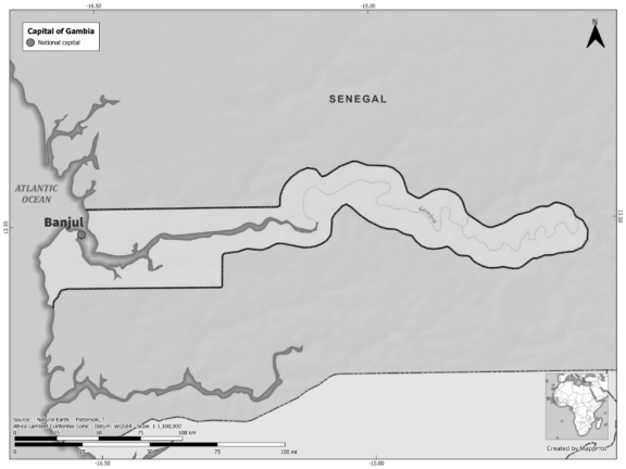 Black and white map of Gambia highlighting Banjul as the capital, with neighboring countries.