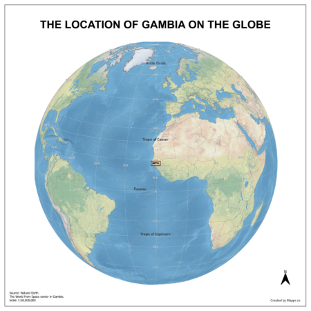 Map showing Gambia's location on a globe, highlighted in red on the African continent.