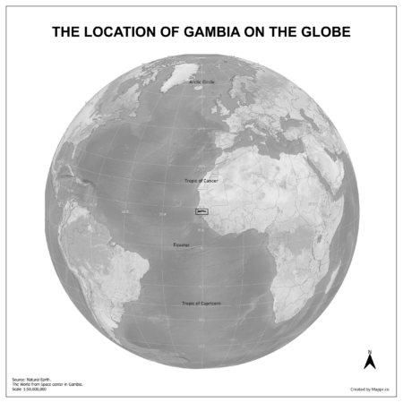 Map showing Gambia's location on a globe, highlighted in red on the African continent.