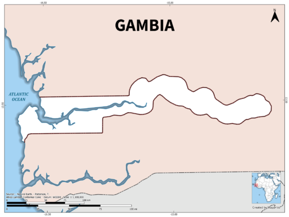 Outline map of Gambia with country borders in color.