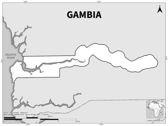 Black and white outline map of Gambia, showing the country's borders.