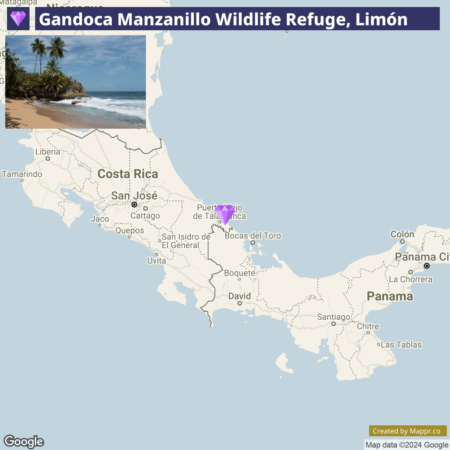 A map highlighting the location of Gandoca Manzanillo Wildlife Refuge in Limón, Costa Rica, near the border with Panama.