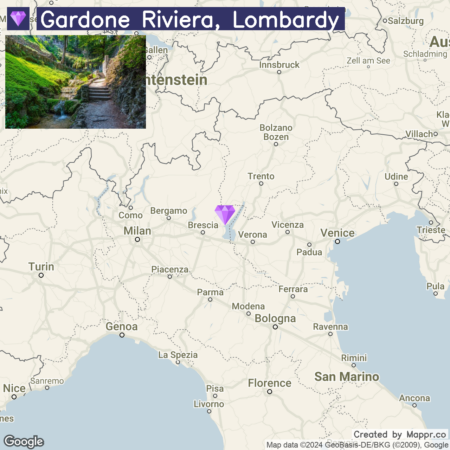 A map highlighting the location of Gardone Riviera in Lombardy, Italy, marked with a purple pin, with a small inset photo showing a scenic view of a walking path through lush greenery in the region.