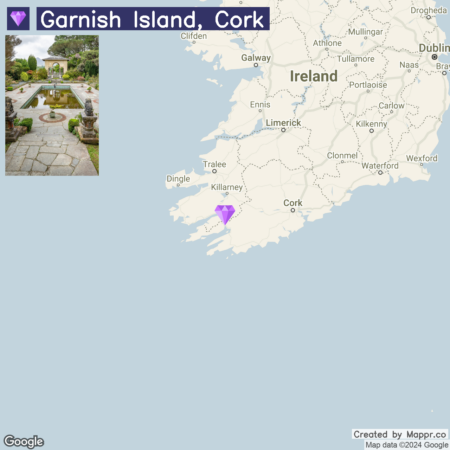 A composite image with two sections; the top section shows a photo of a formal garden with symmetrical stone paths, a central pond, and classical architectural features, labeled "Garnish Island, Cork." The bottom section is a map highlighting the location of Garnish Island off the southwest coast of Ireland, near the town of Glengarriff in County Cork, with a purple diamond-shaped marker.