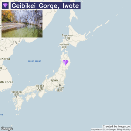 A map highlighting Geibikei Gorge in Iwate prefecture, Japan, with an inset photo of the gorge featuring rocky cliffs and a river.