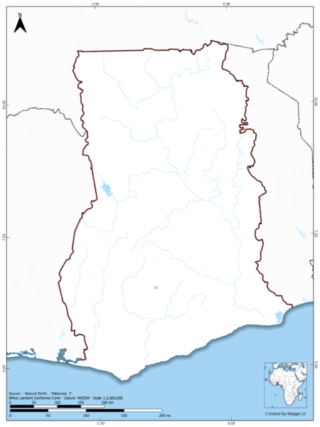 Blank map of Ghana showing borders and no labels, in color.