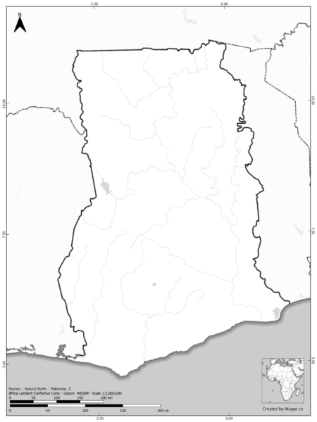 Blank black and white map of Ghana with borders and no labels.