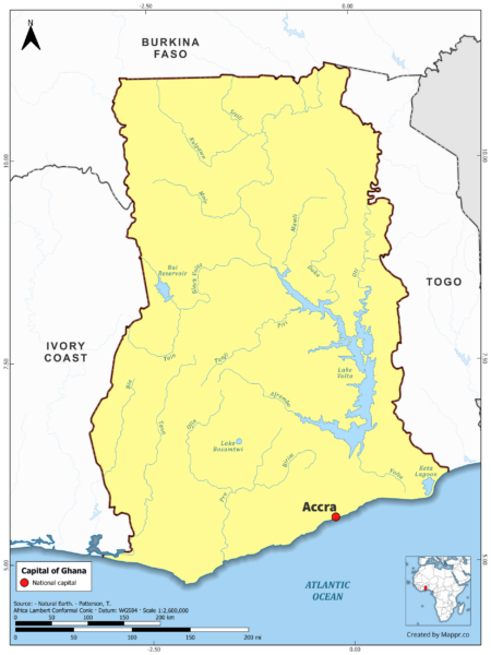 Map highlighting Accra, the capital of Ghana, with country borders, in color.