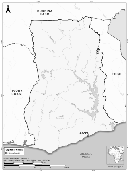 Black and white map highlighting Accra, the capital of Ghana.