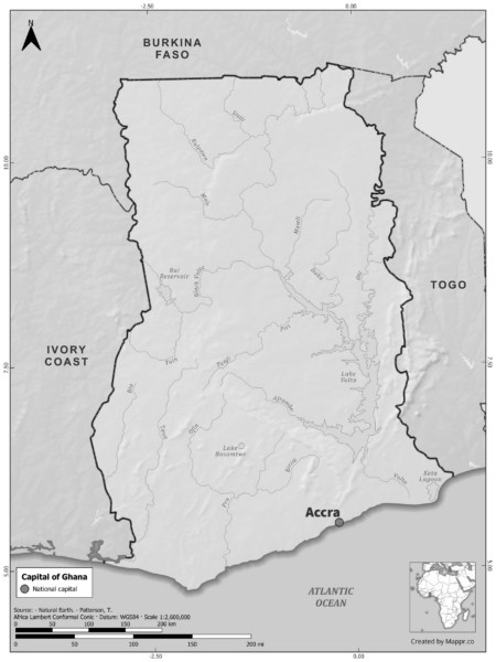 Black and white map of Ghana highlighting Accra as the capital, with neighboring countries.